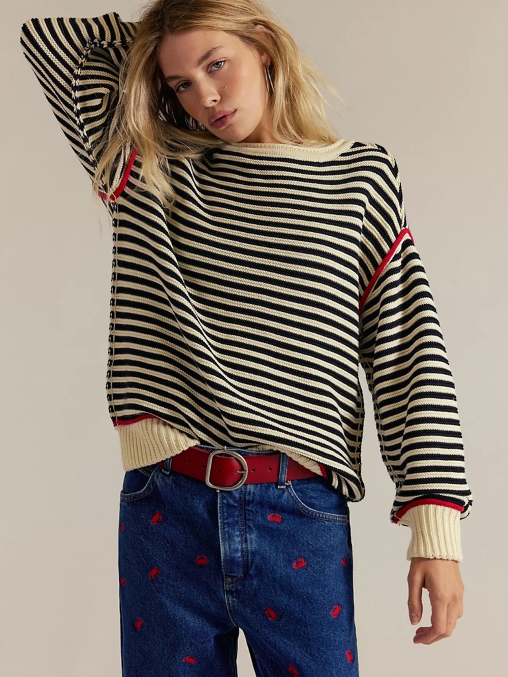 Free People Black & Cream Striped Crewneck Sweater with Red Hem - Picture 3 of 8